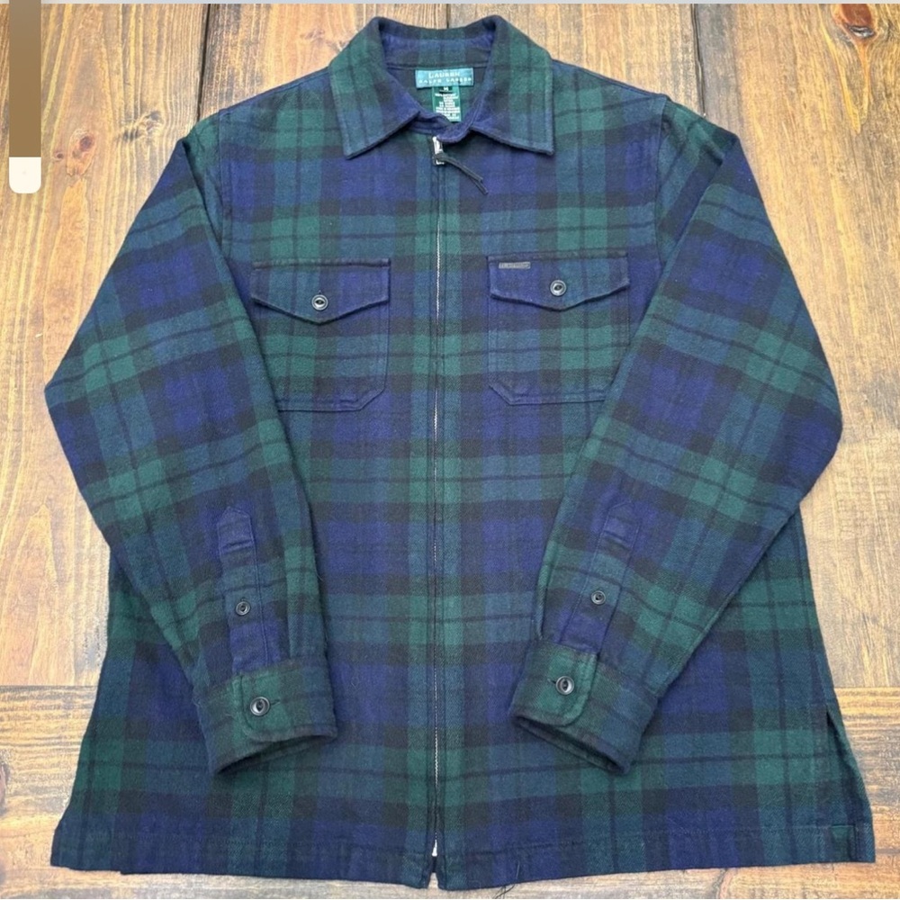 Ralph Lauren vintage 90s Green and Blue Plaid zip front shirt Jacket